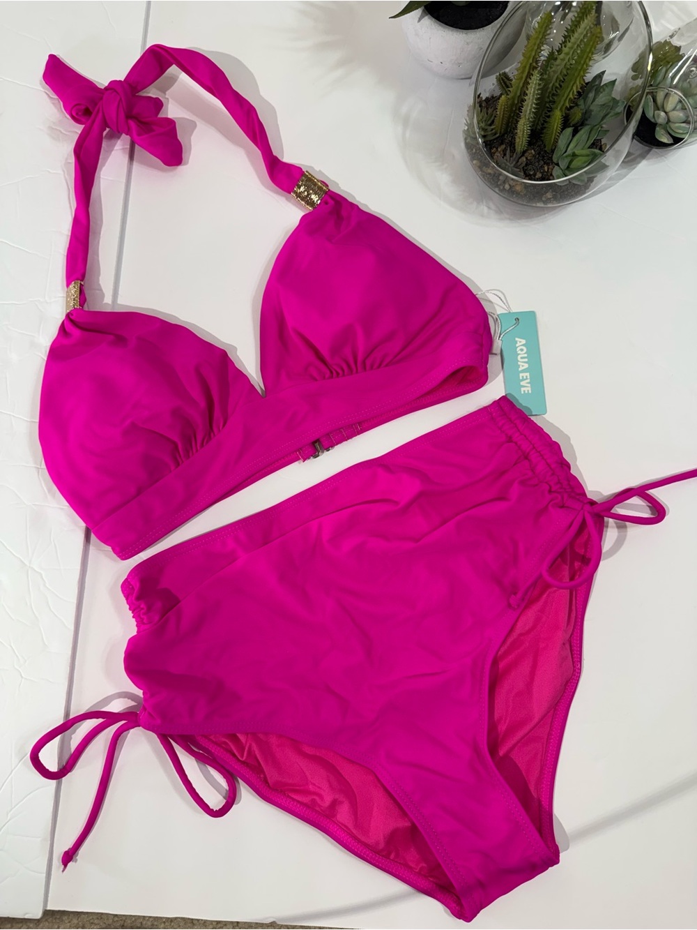 Aqua Eve Pink Two-Piece High-Waist Swim Set Small - Picture 6 of 10